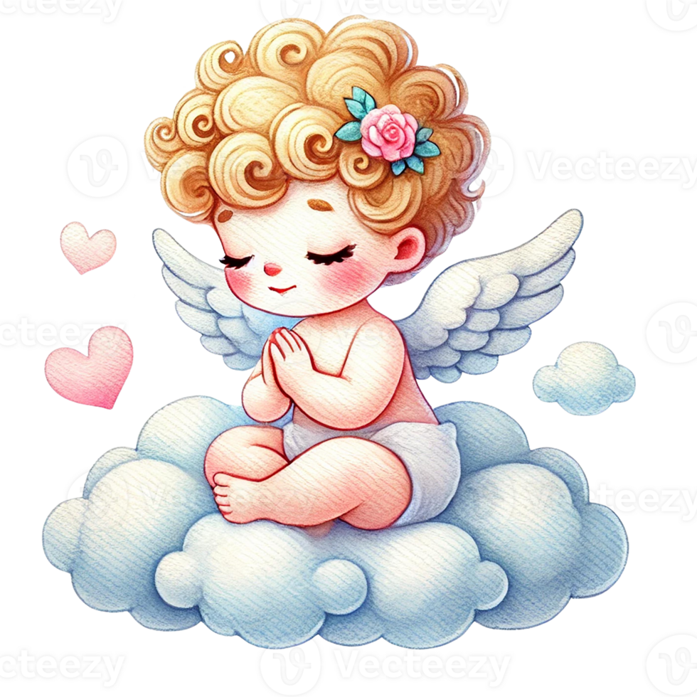 Cute angelic child resting on a cloud with a serene expression. Valentine's cartoon character. png
