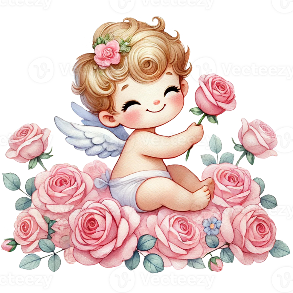 A cute baby angel with roses, symbolizing love and innocence. Valentine's cartoon character. png