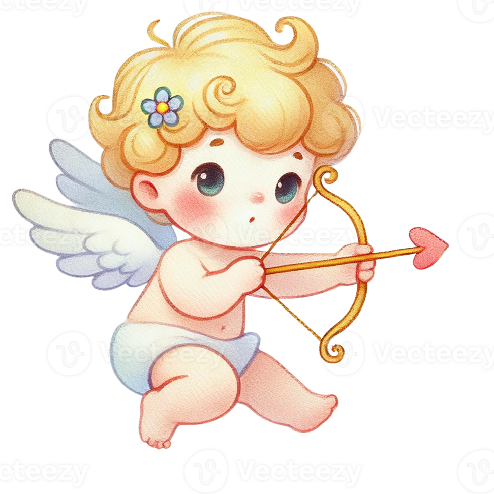 Cute baby angel character with bow and arrow in a playful pose. Valentine's cartoon character. png