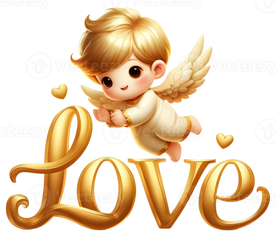 Charming angel character with golden love text and hearts. Valentine's cartoon character. png