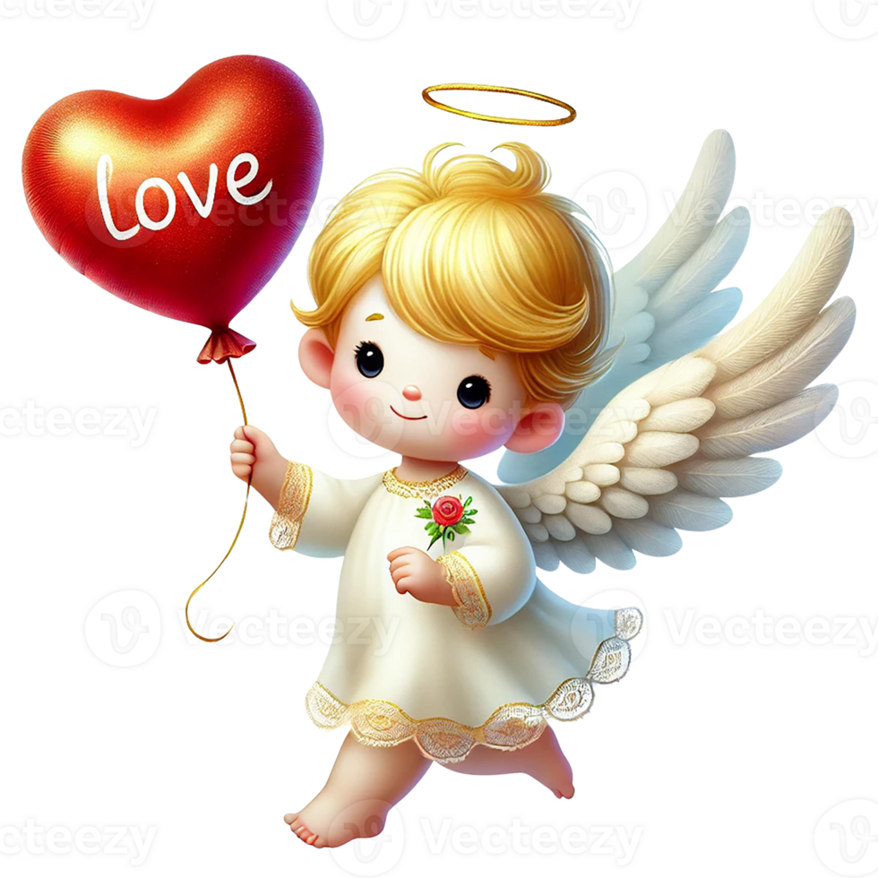 Adorable angel character with a heart balloon and rose. Valentine's cartoon character. png