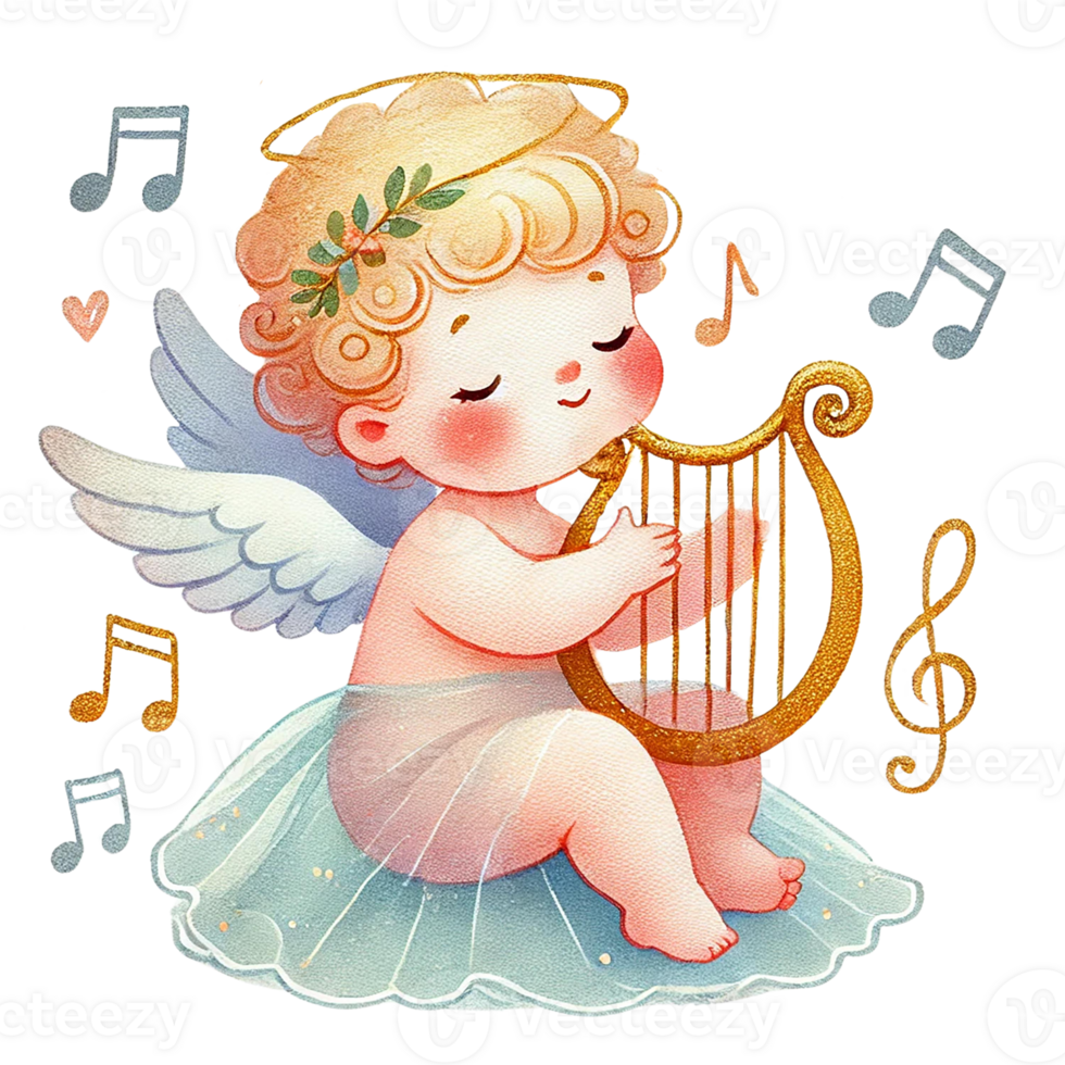 Adorable angelic baby playing harp with musical notes around. Valentine's cartoon character. png