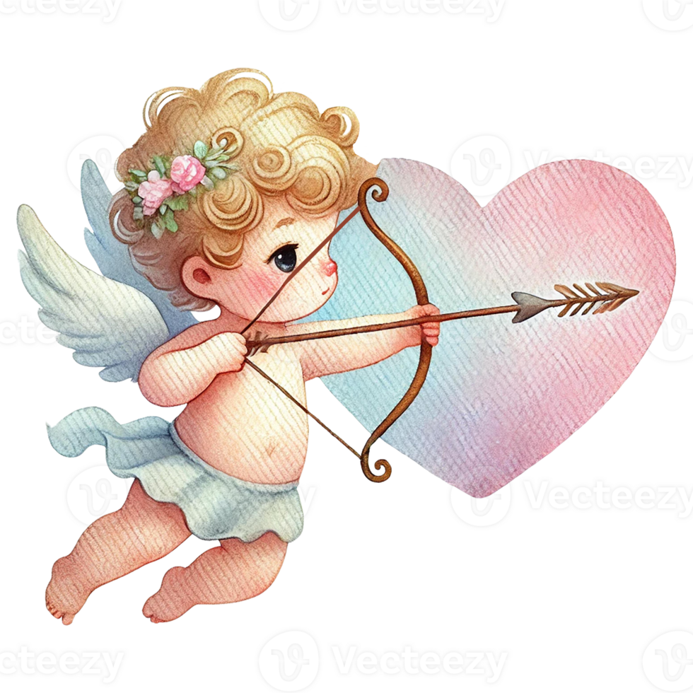 Cute cupid aiming an arrow towards a heart symbolizing love. Valentine's cartoon character. png