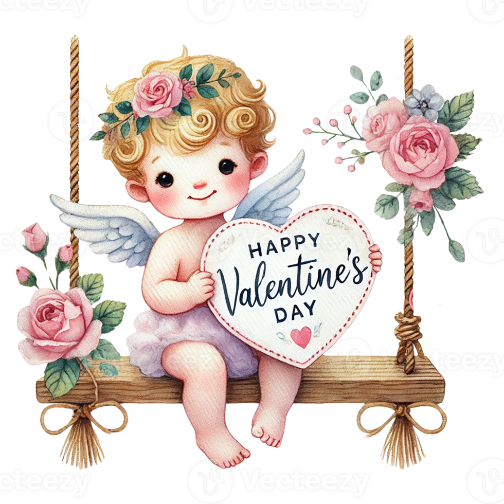 Adorable cherub holding a Valentine's Day heart with flowers. Valentine's cartoon character. png