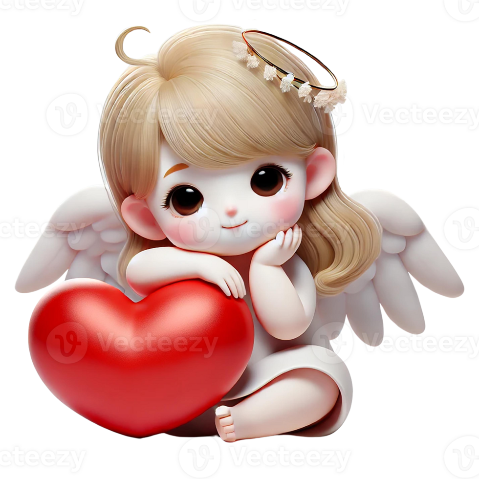 Cute angelic character holding a red heart in a playful pose. Valentine's cartoon character. png