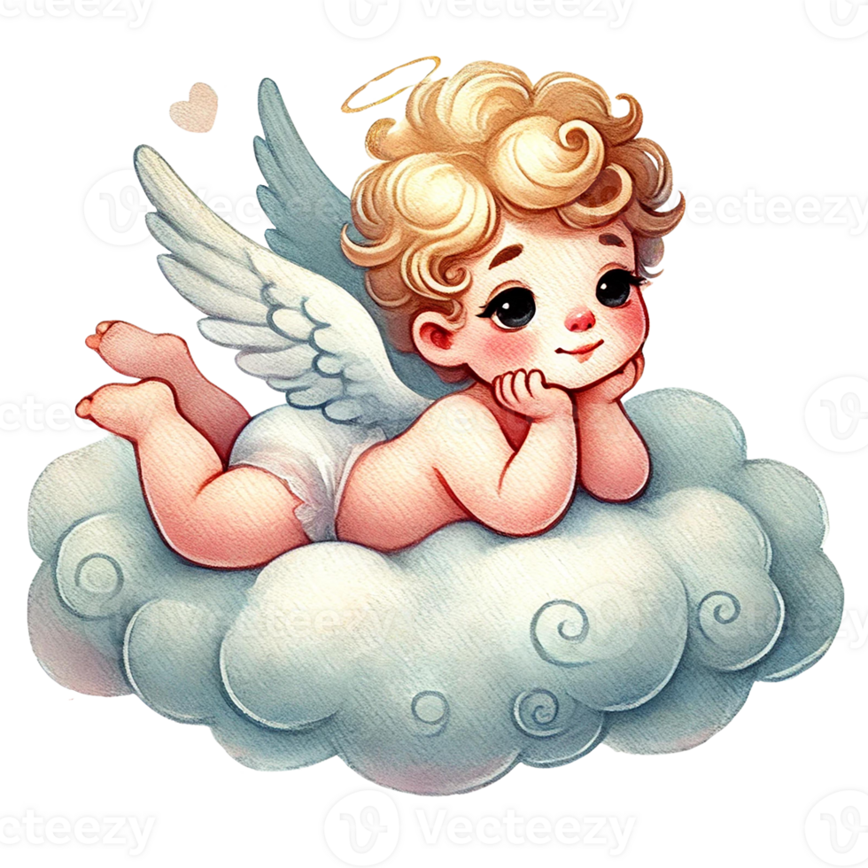 Cute angelic baby cherub resting on clouds with a dreamy expression. Valentine's cartoon character. png