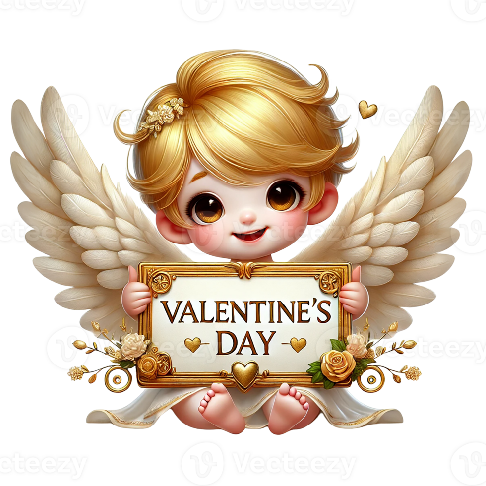 Cute angel character celebrating Valentine's Day with a sign. Valentine's cartoon character. png