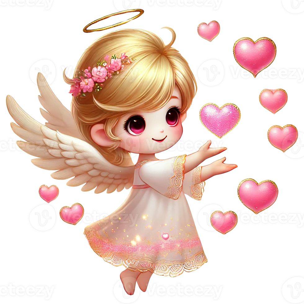 Cute angelic character surrounded by floating hearts for love. Valentine's cartoon character. png