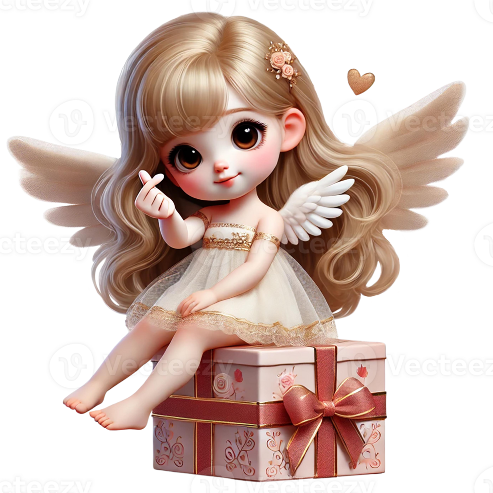 Cute angelic character sitting on a gift box, spreading joy. Valentine's cartoon character. png