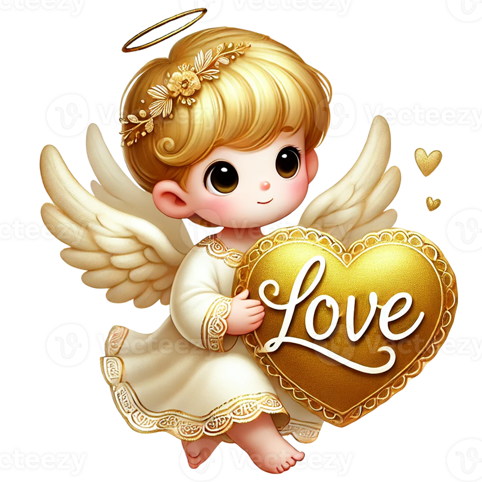 Cute angel holding a heart with the word love, symbolizing affection. Valentine's cartoon character. png