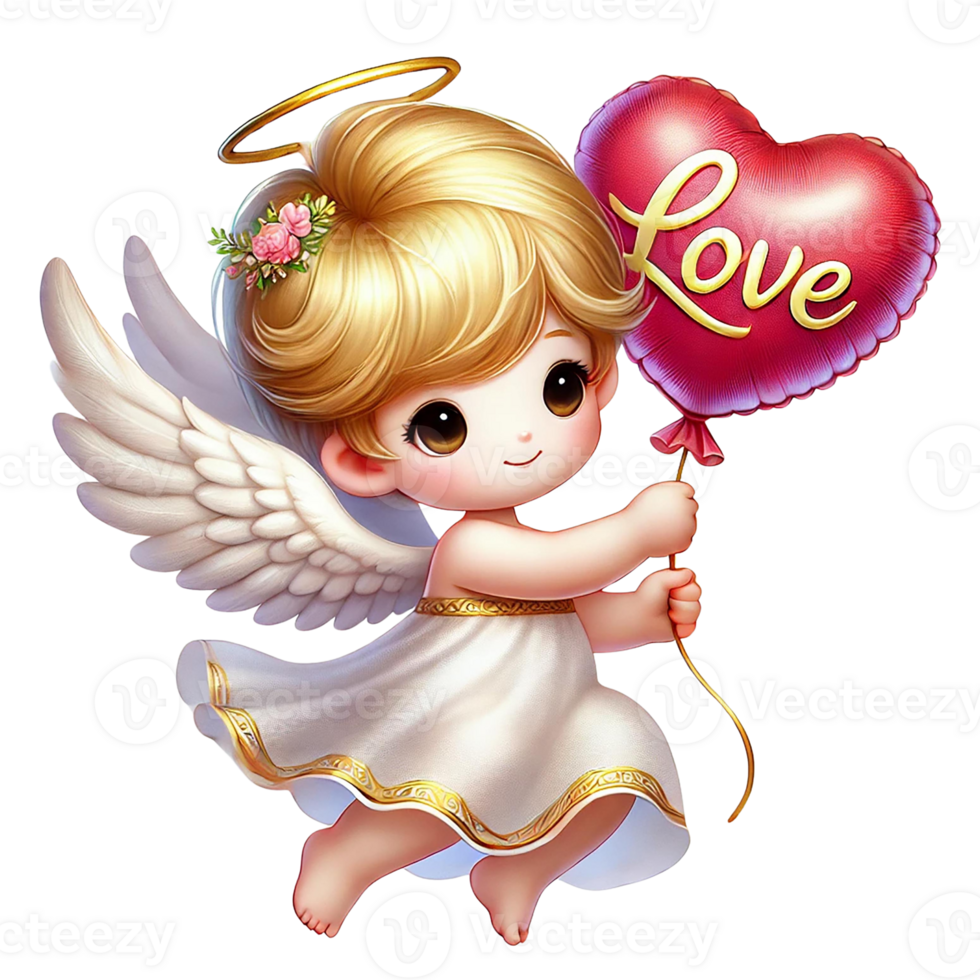 A cute angel character holding a heart-shaped love balloon. Valentine's cartoon character. png