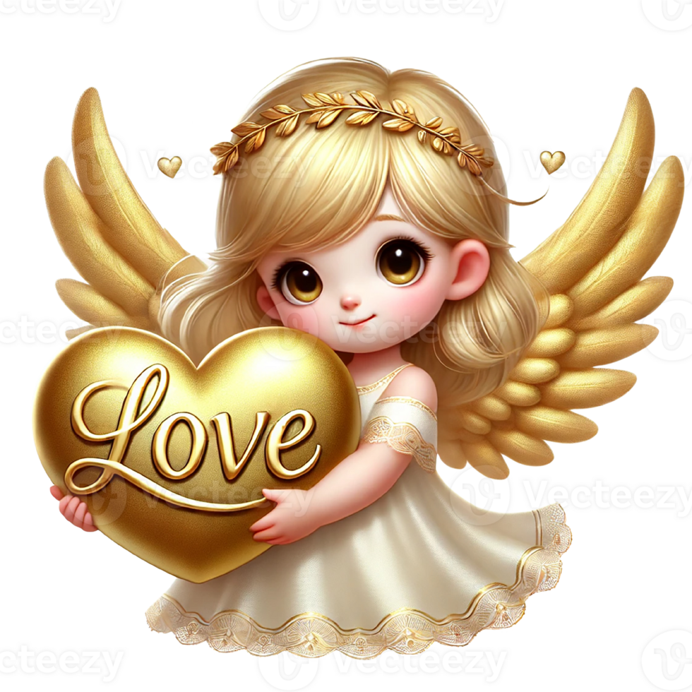 A cute angel holding a golden heart symbolizing love. Valentine's cartoon character. png