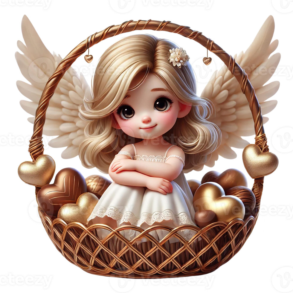 A cute angelic figure surrounded by hearts and chocolates. Valentine's cartoon character. png