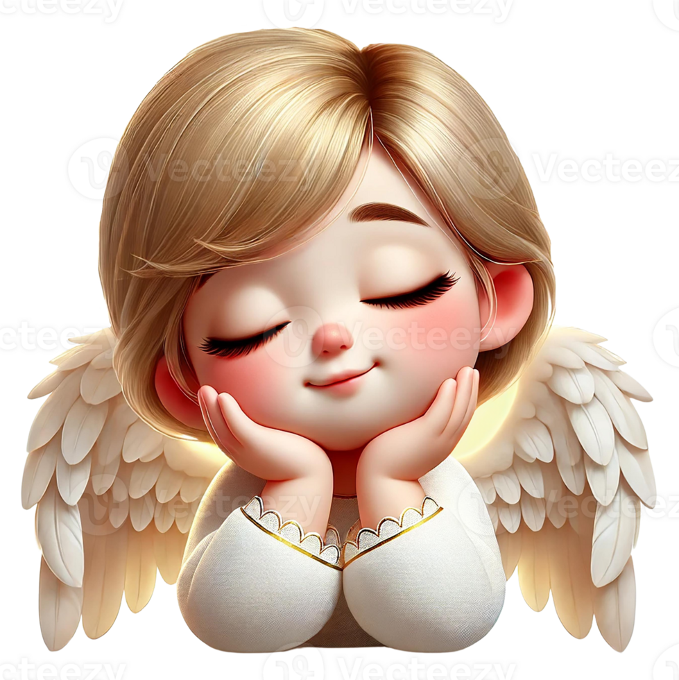 Charming angel character with a serene expression and wings. Valentine's cartoon character. png