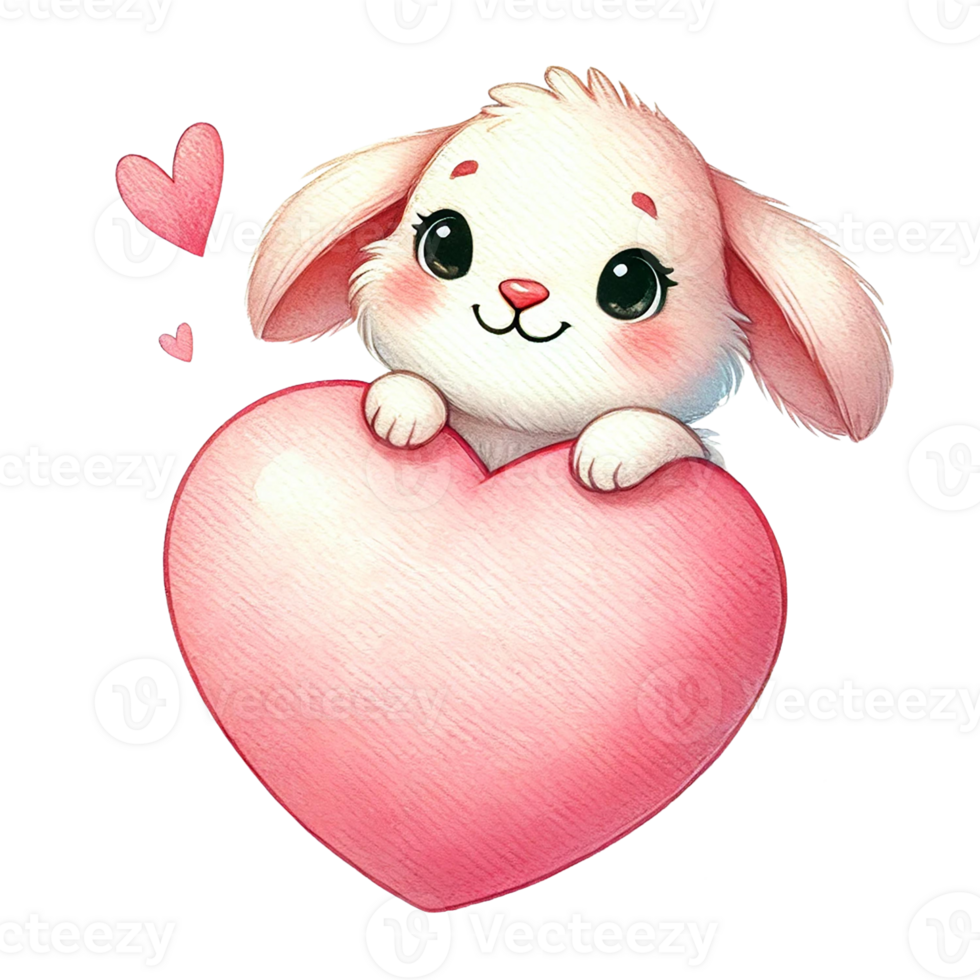Cute bunny holding a pink heart, symbolizing love and joy. Valentine's cartoon character. png
