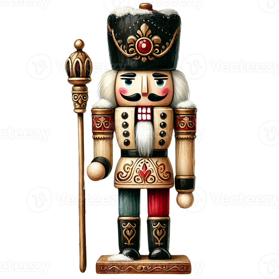 Decorative nutcracker soldier figure with vibrant colors. White Christmas concept png