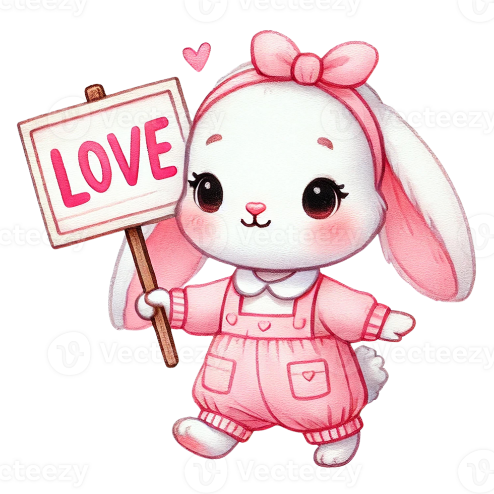 Cute rabbit character holding a love sign in pink outfit. Valentine's cartoon character. png