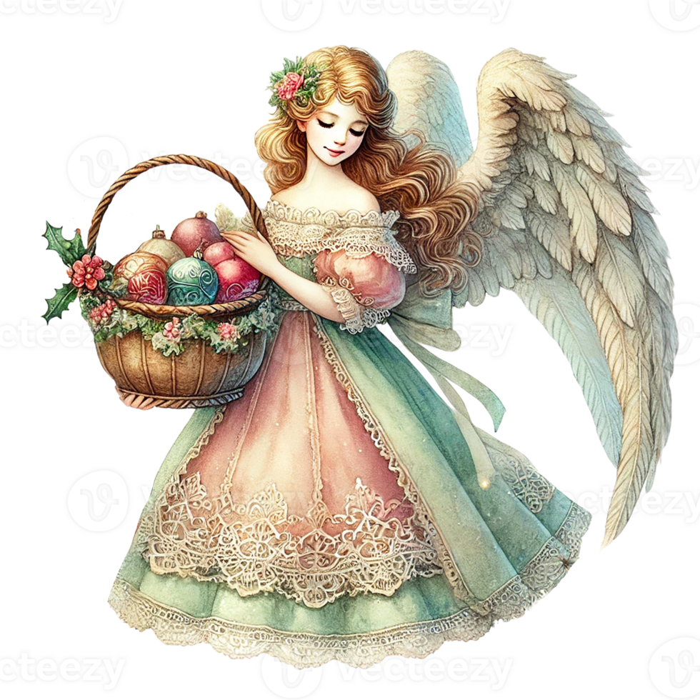A beautiful angel holding a basket of colorful Christmas element. White Christmas concept png