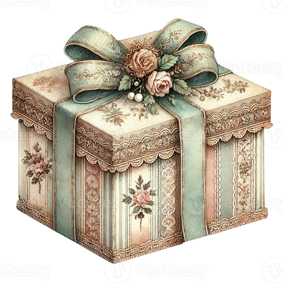 An ornate gift box adorned with floral designs and ribbons. White Christmas concept png