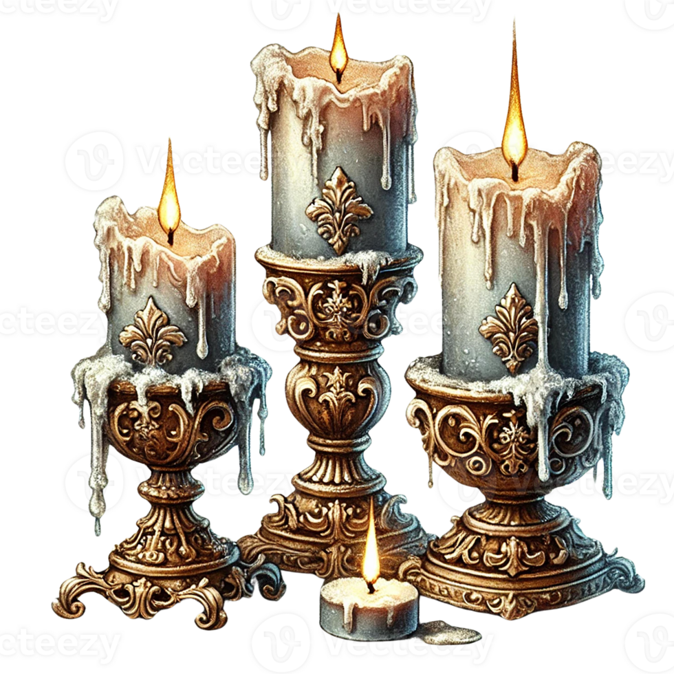 Elegant candles with intricate holders, creating warm ambience. White Christmas concept png