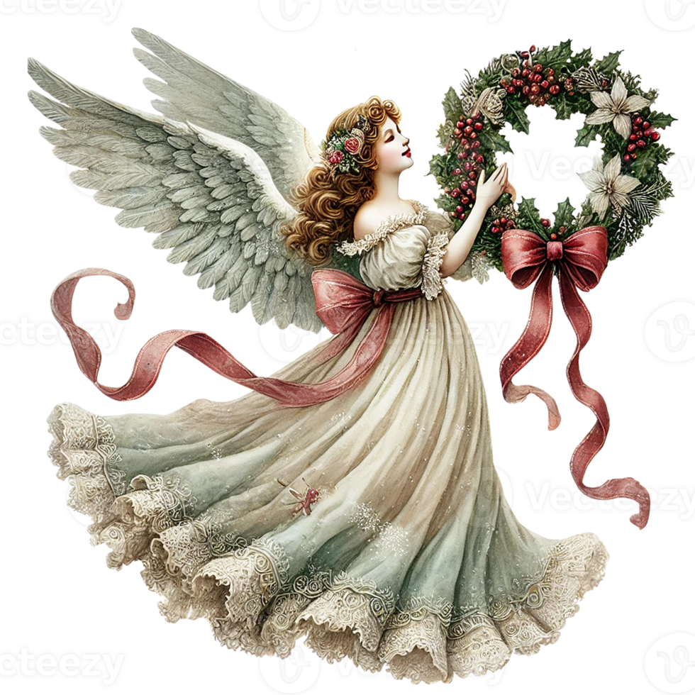 A beautiful angel holding a wreath adorned with festive decorations. White Christmas concept png