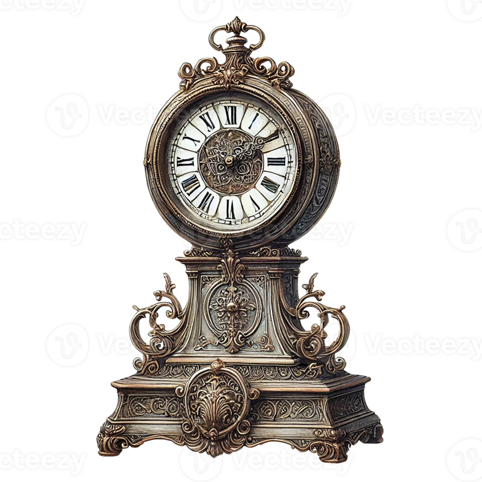 A vintage ornate clock with intricate detailing and design. White Christmas concept png