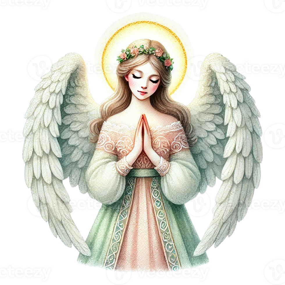 A serene angel with wings, praying softly in a delicate pose. White Christmas concept png