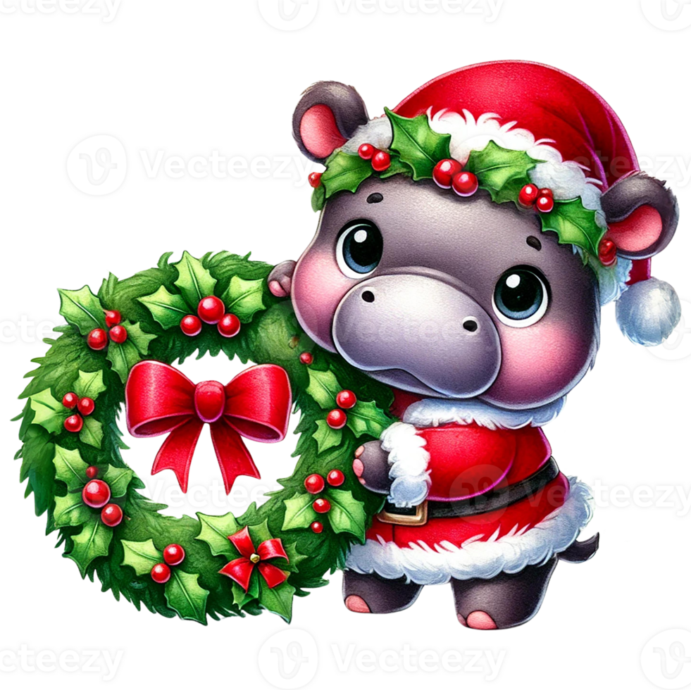 Cute hippo in Santa costume holds a festive Christmas wreath. Christmas animal cartoon. png