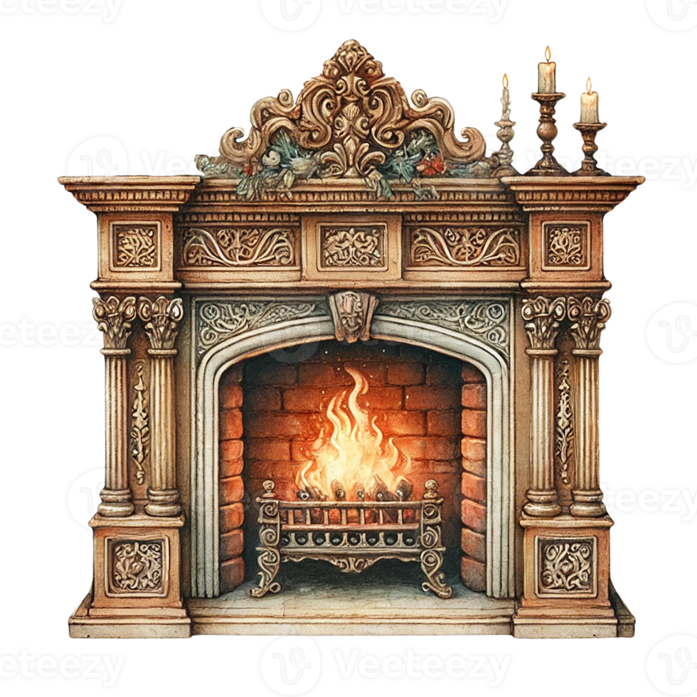 Ornate fireplace with a warm flame glowing inside, evoking comfort. White Christmas concept png
