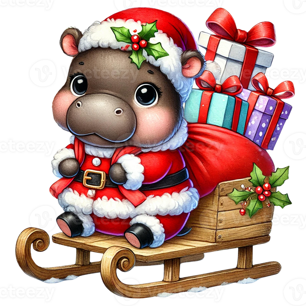 A cute hippo in Santa outfit delivering gifts on a sleigh. Christmas animal cartoon. png