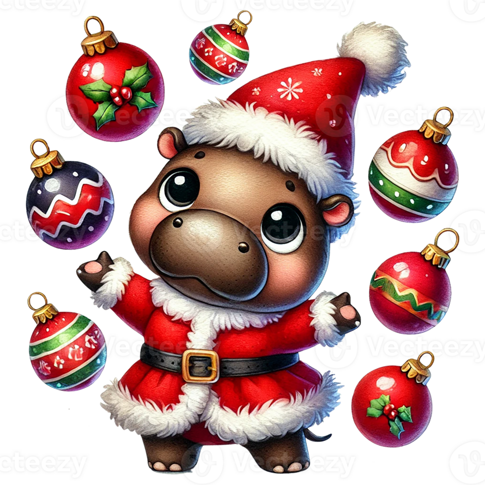 Cute cartoon hippo in Santa outfit with festive ornaments. Christmas animal cartoon. png