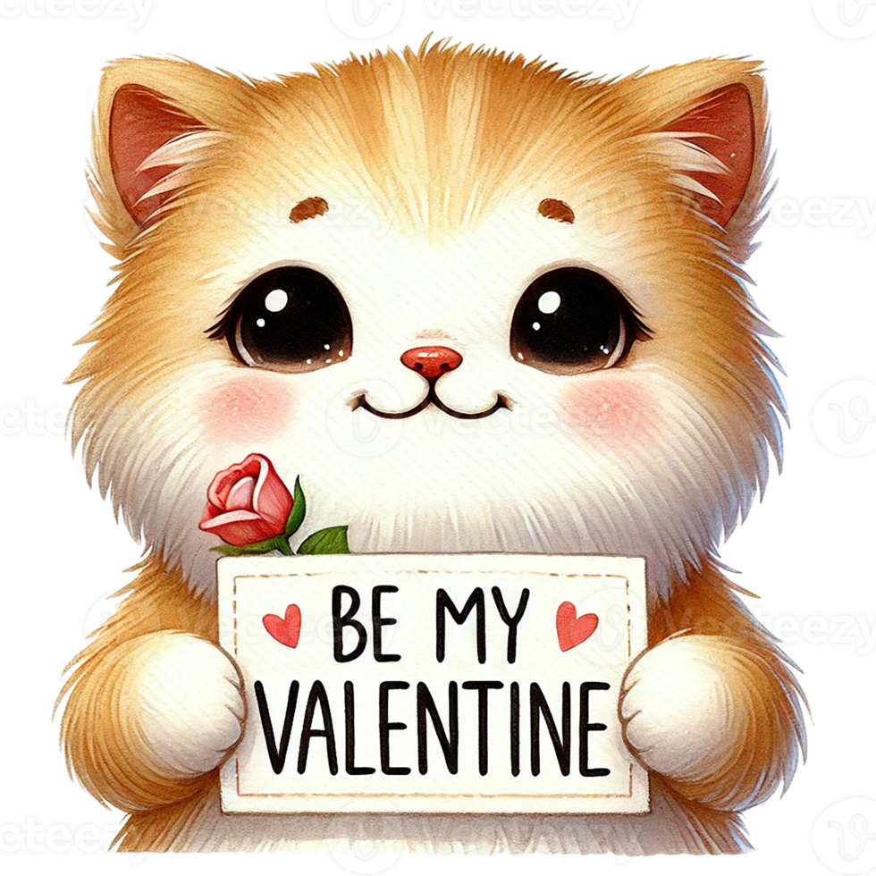 Adorable kitten holding a rose and a Valentine's Day sign. Valentine animal cartoon character. png