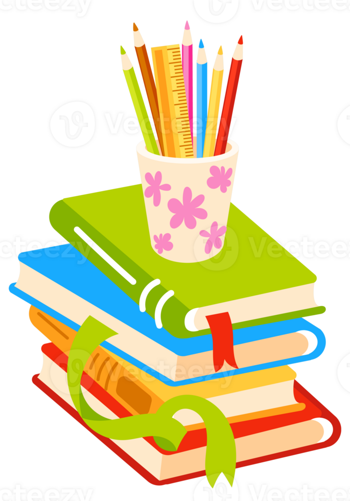Stacks of colorful books with bookmarks and pencils for studying and education. png