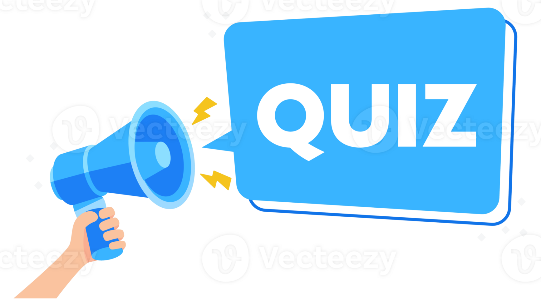 Hand holding a megaphone projecting the word QUIZ in a speech bubble against a white background, symbolizing online engagement and learning png