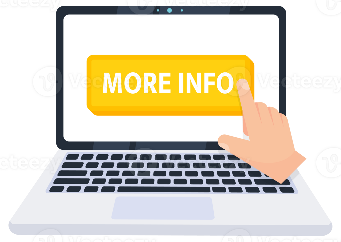 Hand pointer clicking on a more info button on a laptop screen. illustration png