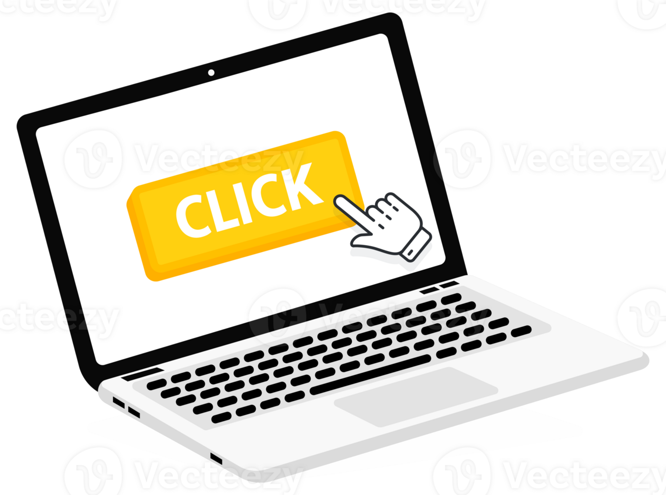 Click text on Laptop screen with a red button . Button with pointer clicking. Finger Pressing png