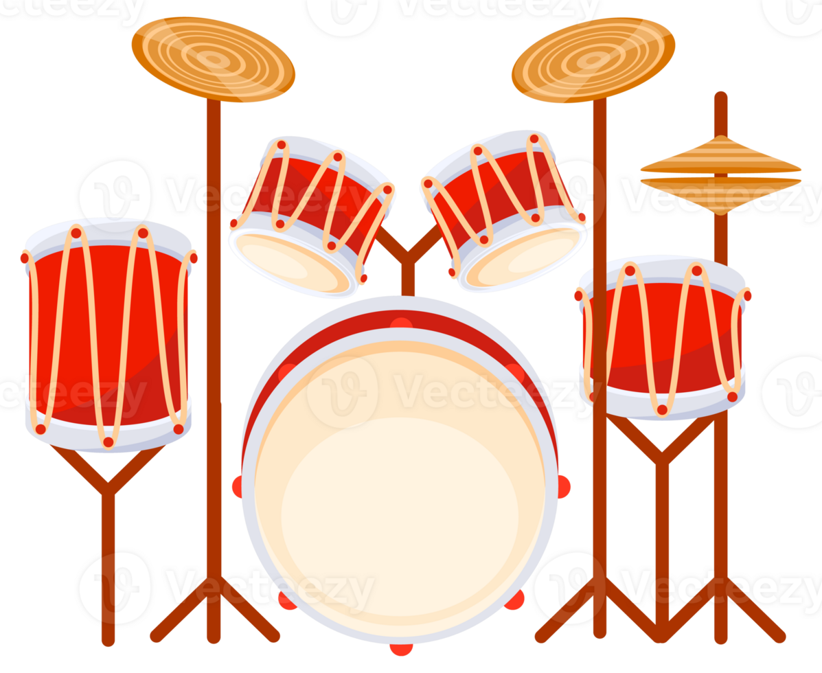 Red drum kit standing ready for a drummer to start playing music, percussion instruments isolated over white png