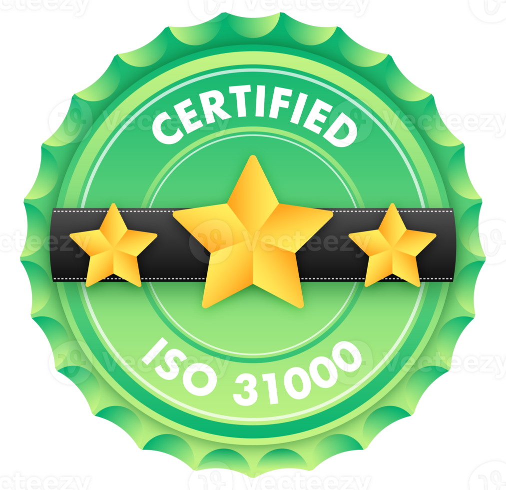 ISO 31000 standard certificate badge. Quality control. International Organization for Standardization. illustration png