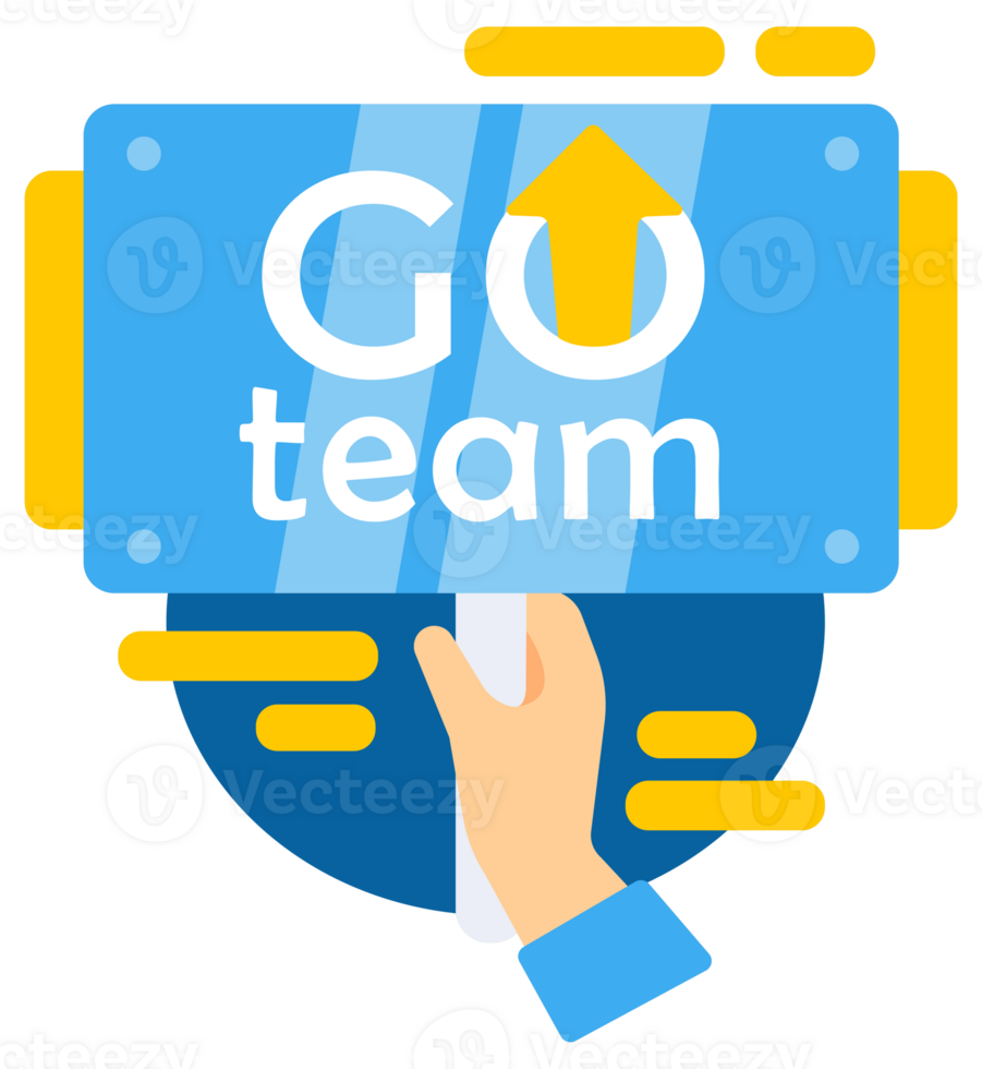 Hands holding a sign with the phrase Go team and an upward arrow, symbolizing team support and motivation png