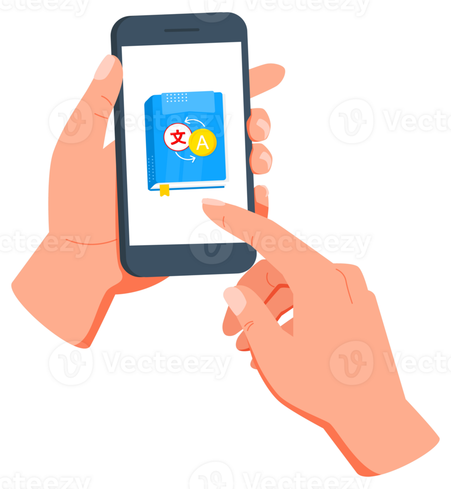 fechar acima do alguém usando uma língua Aprendendo aplicativo em uma Smartphone, tocando a tela para interagir com uma azul ícone. realçar vocabulário, gramática, e língua Habilidades conectados png
