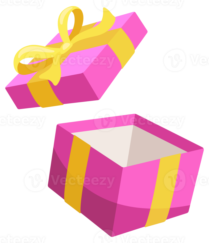 Set of pink gift boxes with yellow ribbons is floating and rotating on a white background png