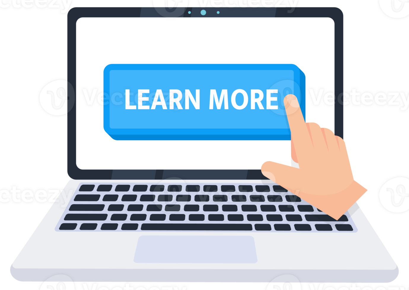 Hand pointer clicking on a learn more button on a laptop screen. illustration png