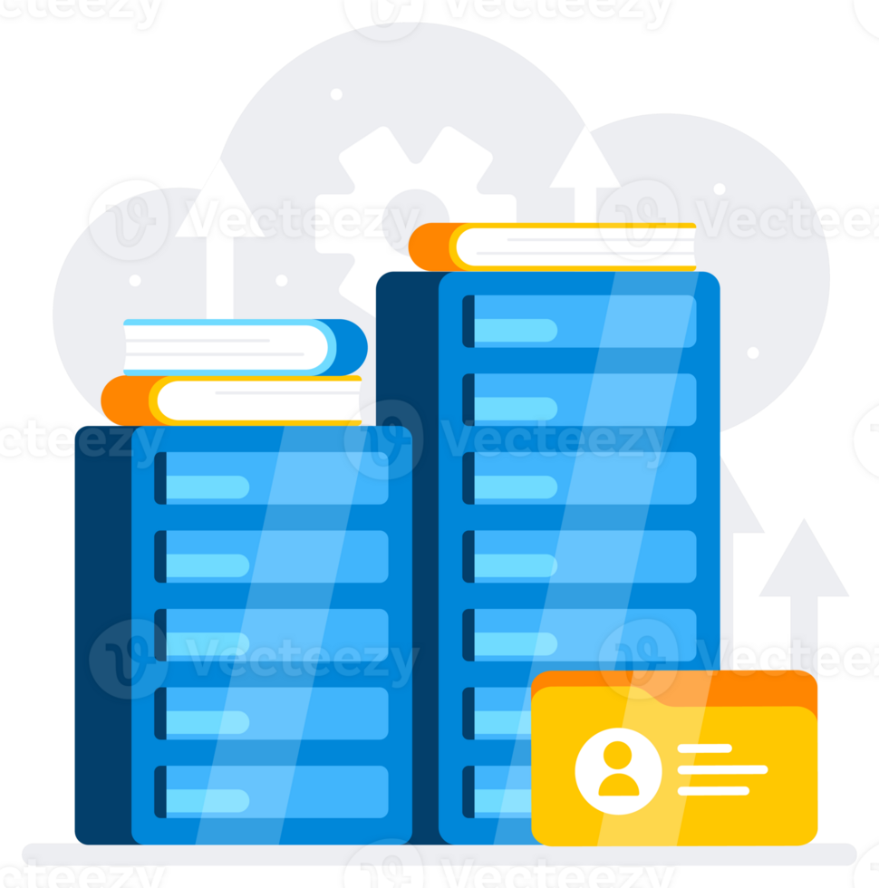 Data security featuring blue data servers, secure lock badge, and a gear cog representing system settings png