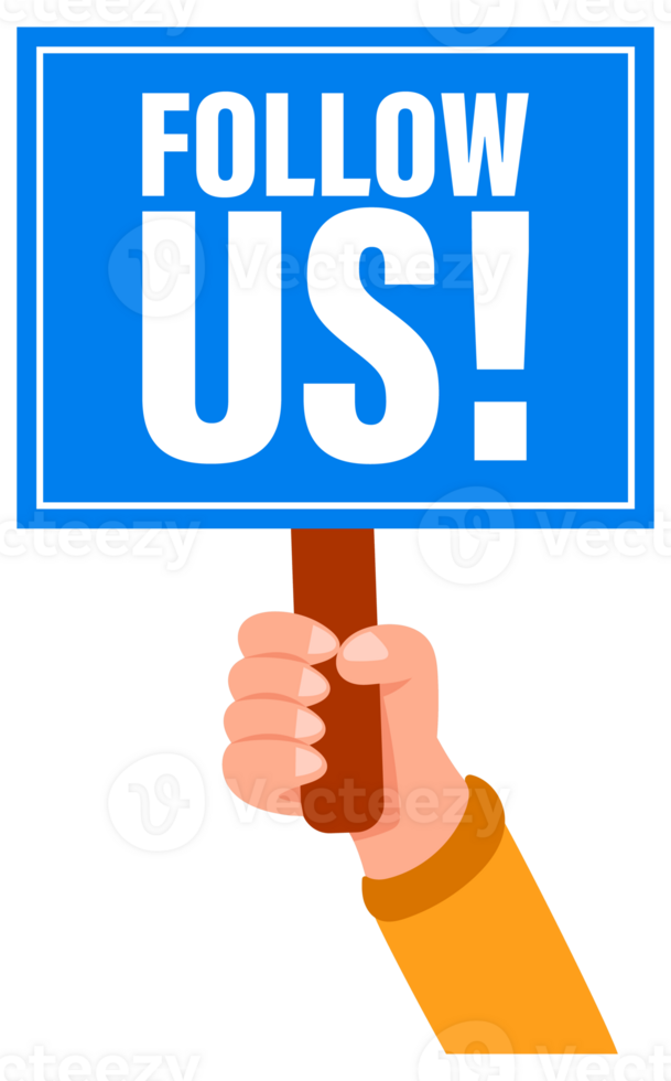 Hand holding a blue sign with follow us text on it png