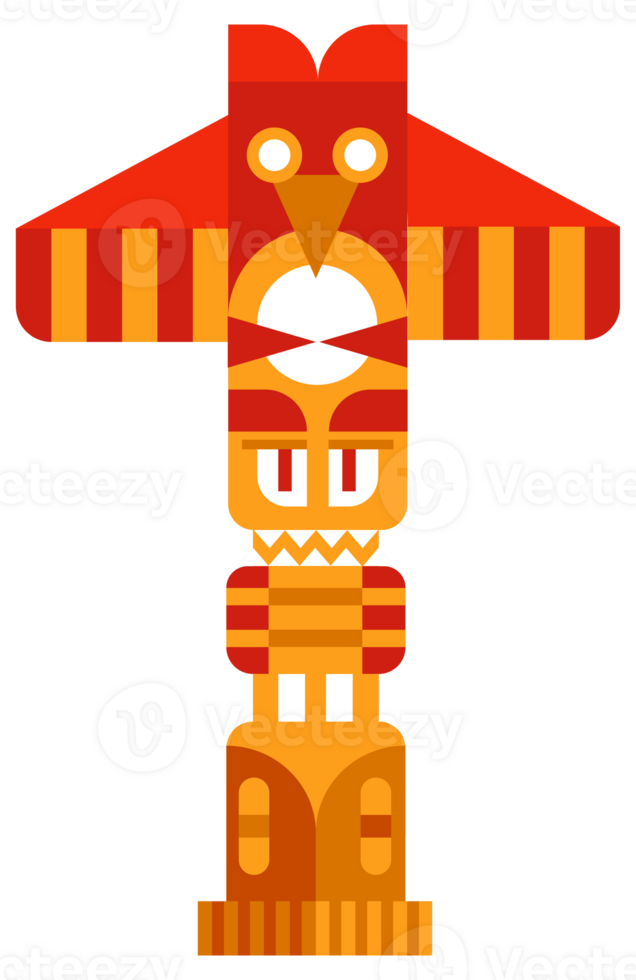 Four colorful totem poles are standing on a white background, representing the rich history and traditions of native american culture png