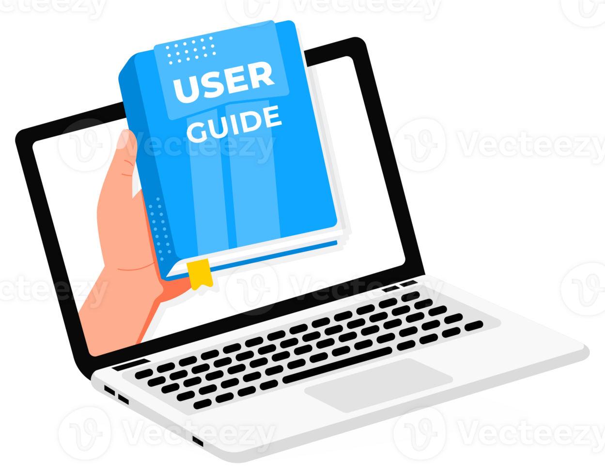 Hand holding user guide book coming out of laptop screen png