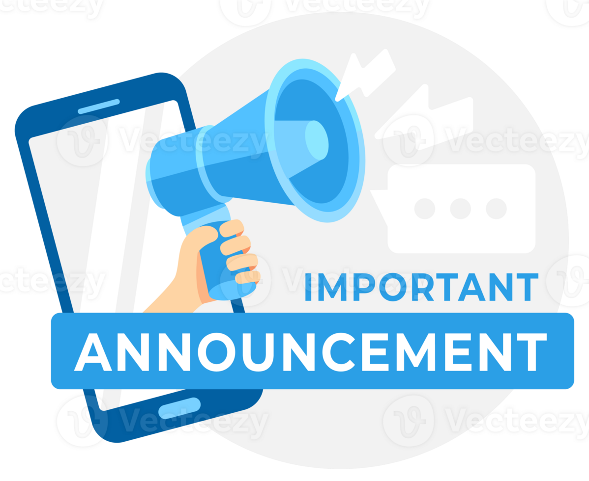 Hand holding a megaphone emerging from a smartphone screen for important announcements and alerts png