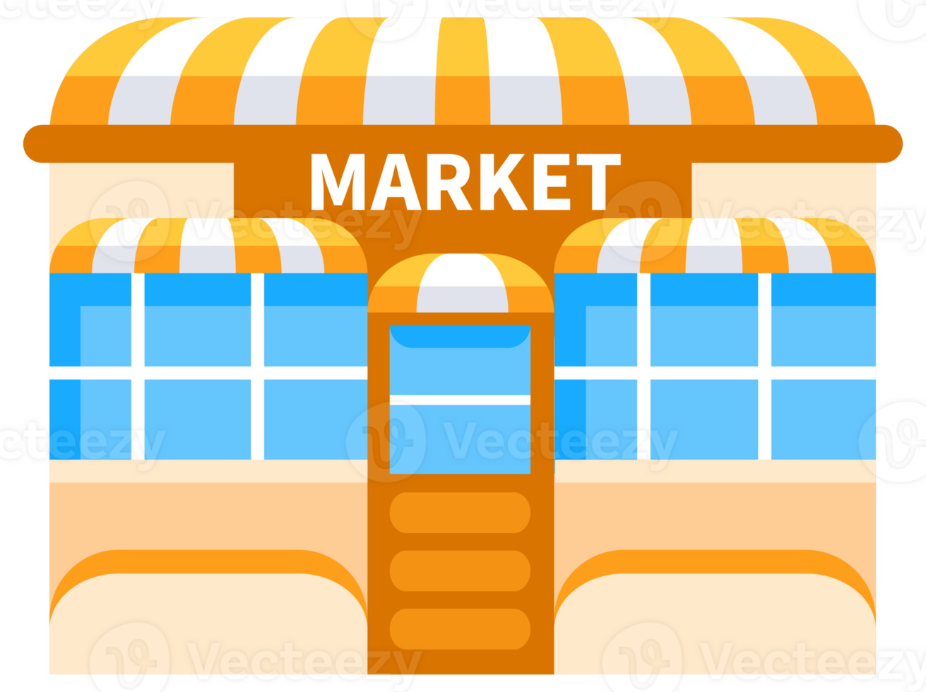 Set of shops and markets with large windows for displaying goods, with a signboard on the facade, isolated on white png