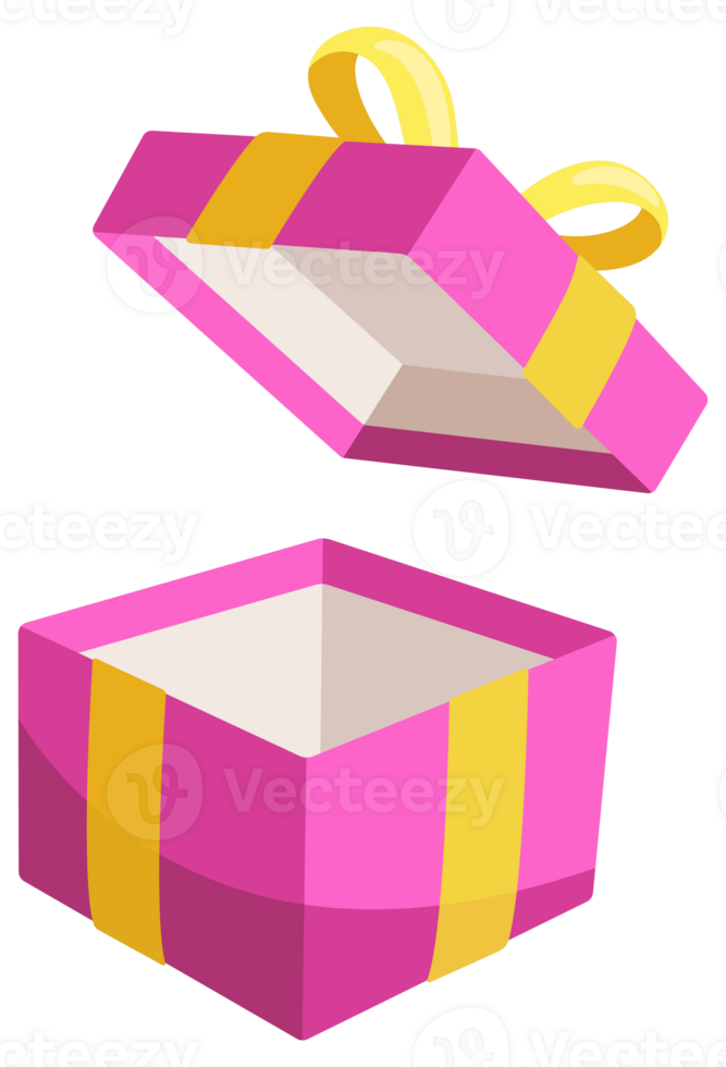 Set of pink gift boxes with yellow ribbons is floating and rotating on a white background png