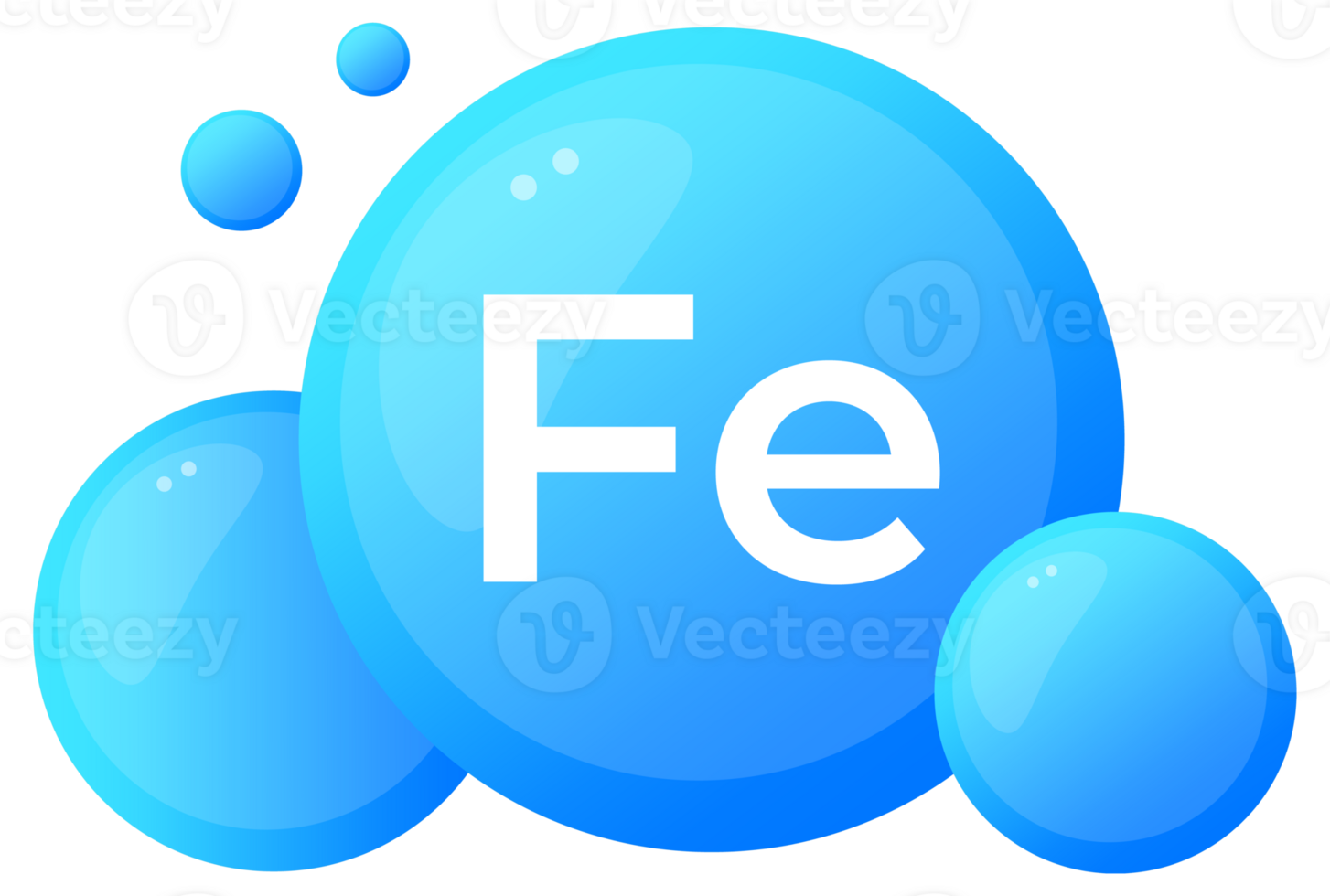 Iron element with dynamic blue bubbles and Fe symbol png